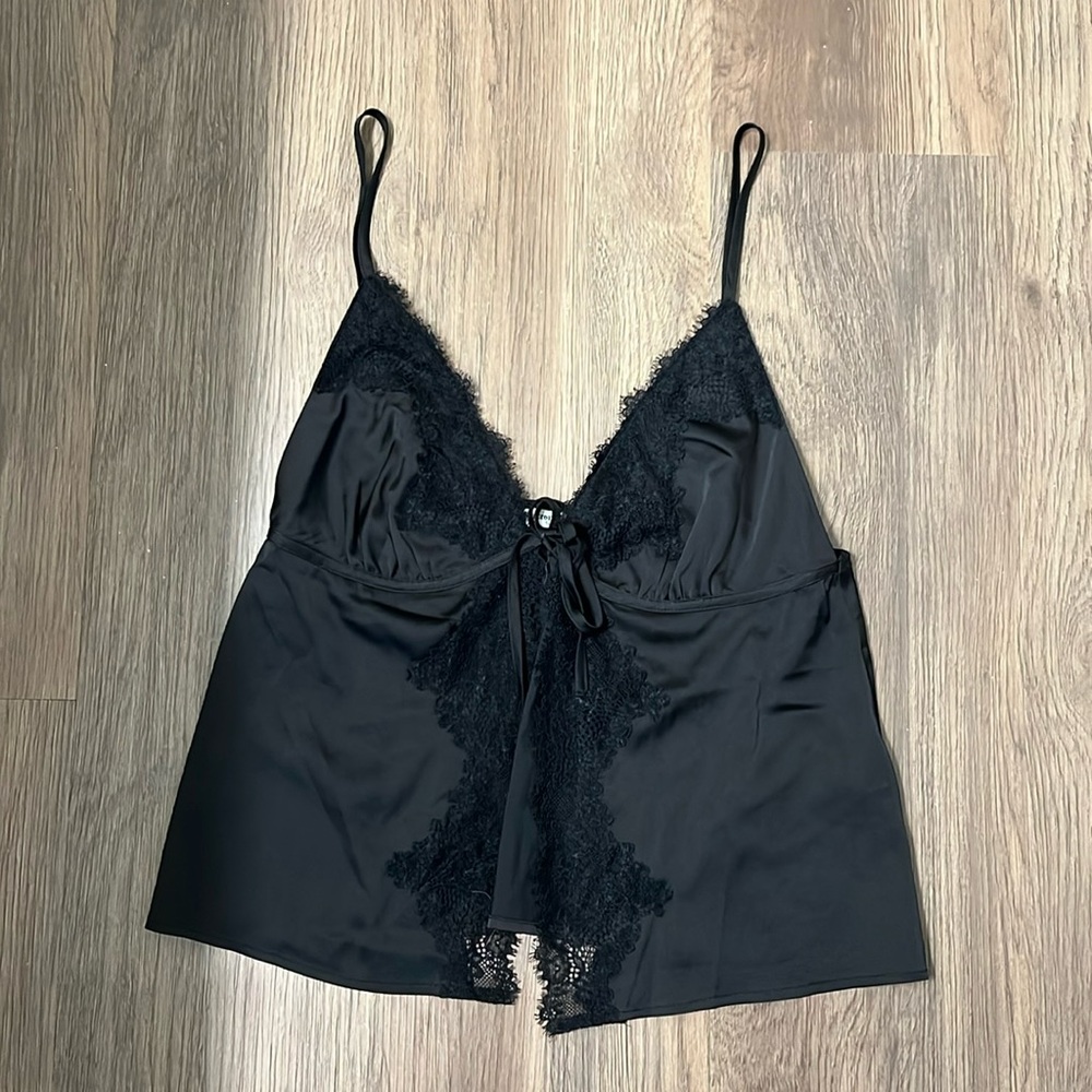 Abercrombie & Fitch Black Pajama Satin & Lace Front Tie Sleep Top